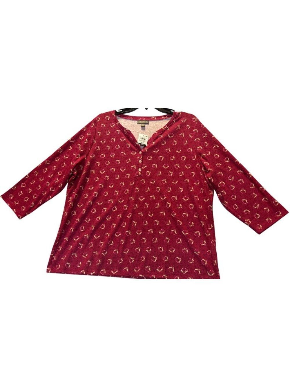 Style & Co Plus Size 2X Womens Henley Top In Berry Bloom Pattern Long Sleeve